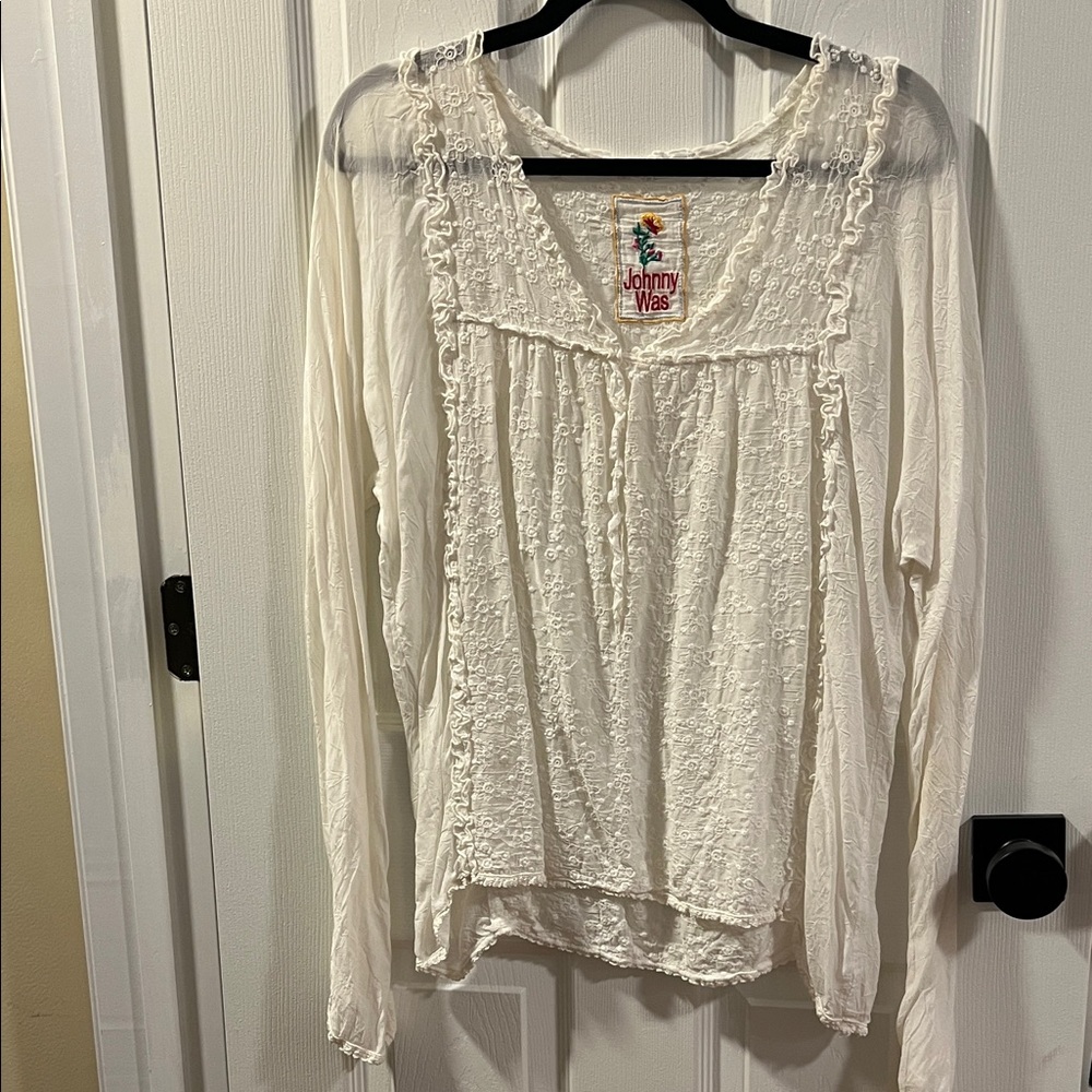 Johnny Was Cream Embroidered Ruffle-Trim Long-Sleeve Peasant Blouse